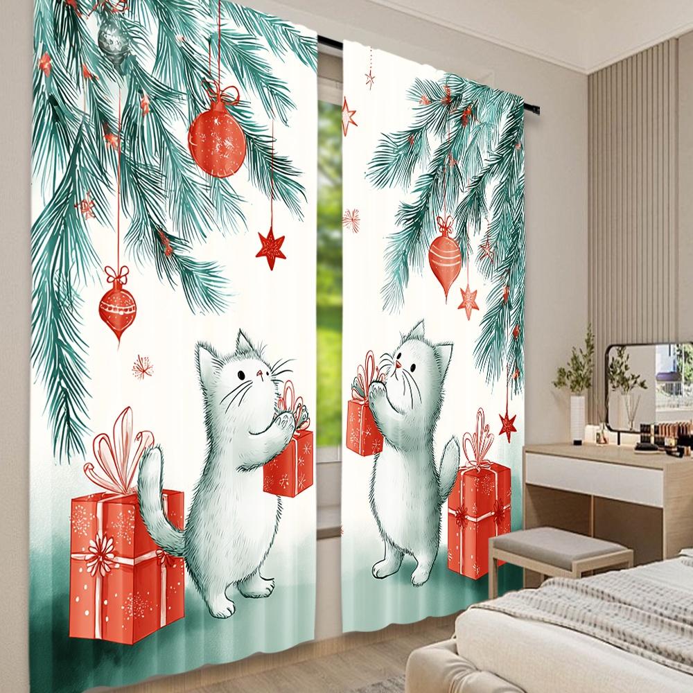 Set Of 2 Flat Printing Scene Curtain Christmas Playful Cats Digital Printed Polyester Drapes Birthday Party Holiday Portraits