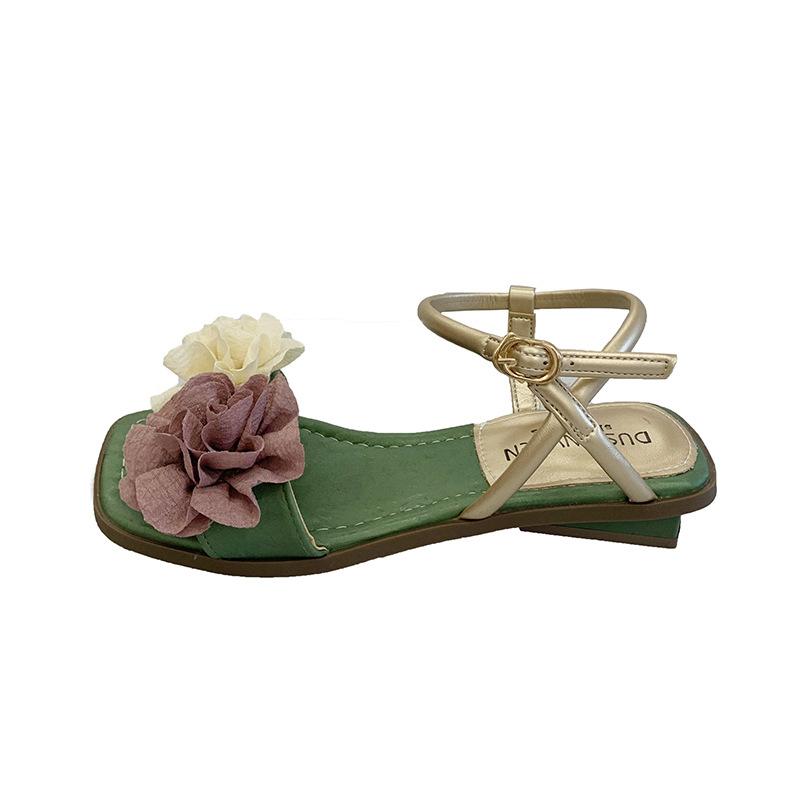 

French fairy style flower sandals female 2025 spring and summer new versatile skirt low heel open toe beach roman shoes 40 зелений