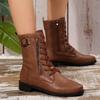 Fall New Vintage Soft Sole Mid-Tube Boots Versatile Round Toe Metal Buckle Side Zipper Flat Lace-Up Fashion Boots