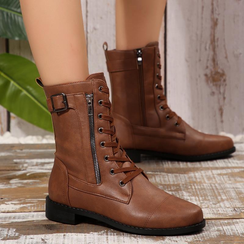 Fall New Vintage Soft Sole Mid-Tube Boots Versatile Round Toe Metal Buckle Side Zipper Flat Lace-Up Fashion Boots