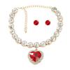 European & American Bridal Jewelry Set: Round Glass Diamond Earrings with Heart Pendant Necklace
