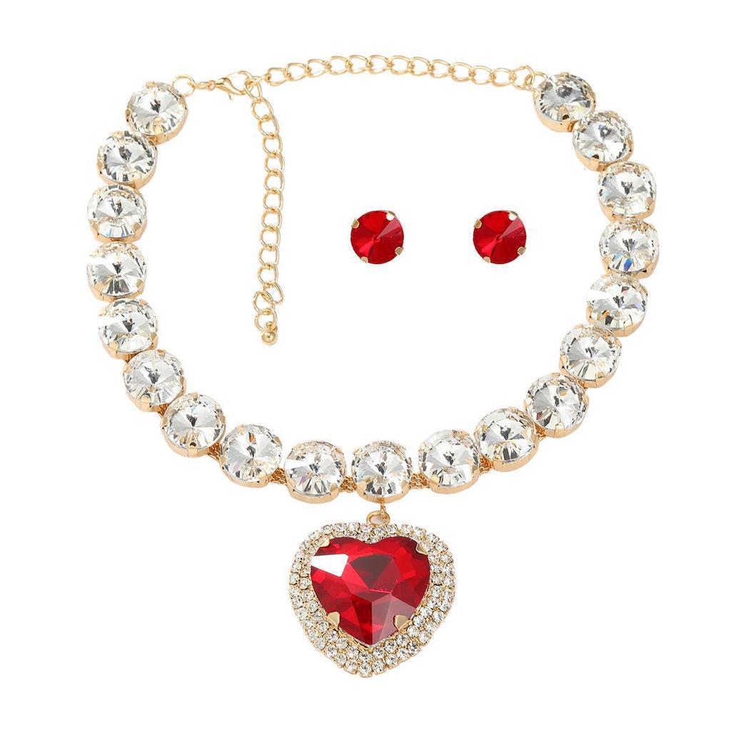 European & American Bridal Jewelry Set: Round Glass Diamond Earrings with Heart Pendant Necklace