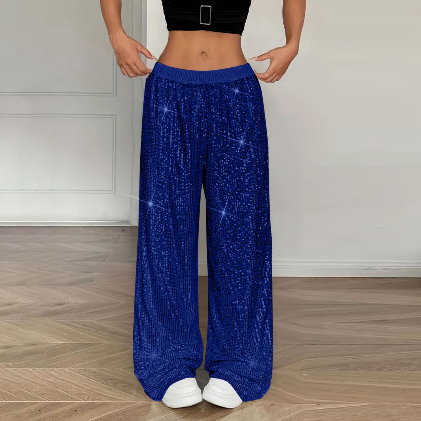 

Sequin Pants Women Stretchy High Waist Wide Leg Pant Casual Loose Glitter Trousers Bling Party Clubwear S