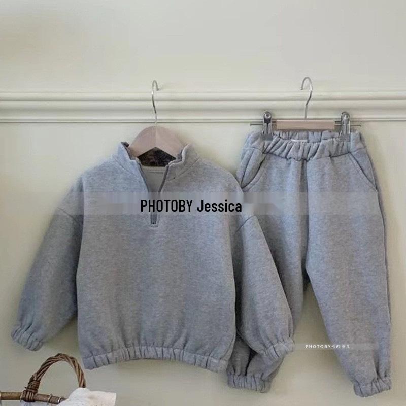 Korean Style Winter Fleece Set: High Neck Half-Zip Top & Joggers for Boys and Girls