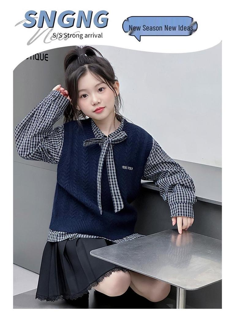 Girls' 2025 Spring & Autumn Fashion Set: Knitted Vest and Shirt Two-Piece Set for Kids