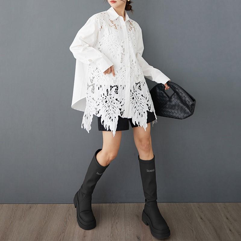 Cămăși și bluze supradimensionate din dantelă cu mânecă lungă pentru bluză Topuri casual largi de primăvară vară cămașă cu nasturi pentru femei