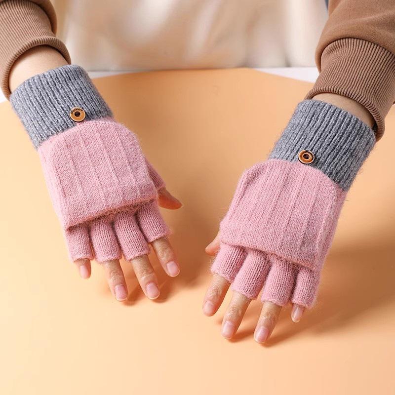 Gants d'hiver tricotés demi-doigts pour femmes avec rabat mignon - Laine de velours chaude, parfaits pour les étudiants qui écrivent.