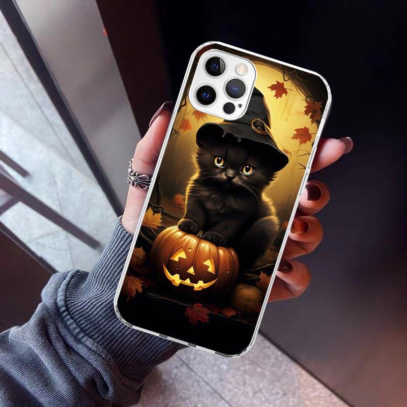 Black Kitten Halloween Pumpkin Phone Case For iPhone 17 Air 11 13 Mini 14 15 Plus 16 12 Pro Max 16E SE 7 8 Pattern Soft TPU Back