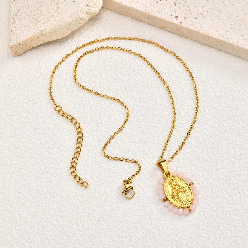 Jewelry Fashion Ladies Stainless Steel Zircon Oval Virgin Gold Pendant Necklace Pn-2158