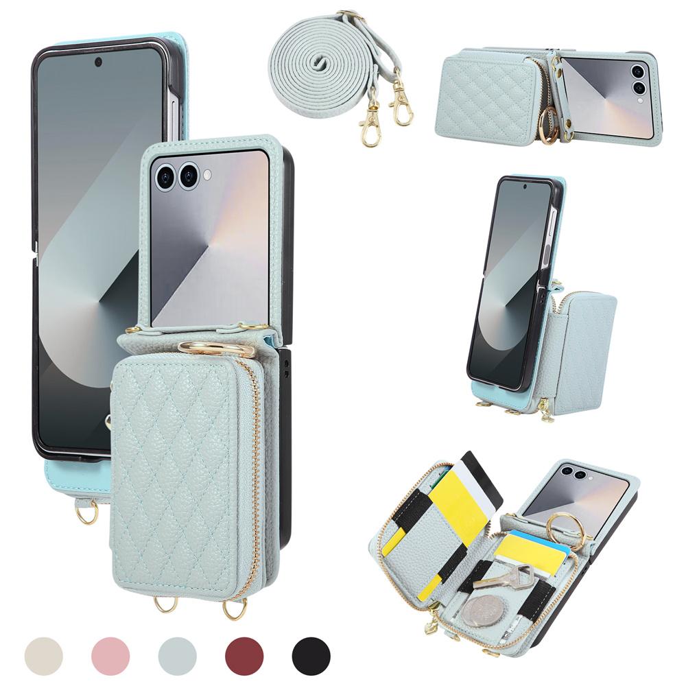 Crossbody Zipper Wallet Card Solt Holder Phone Case for Samsung Galaxy Z Flip 7 6 5 4 3 Flip 7 FE Leather Purse Bracket Cover