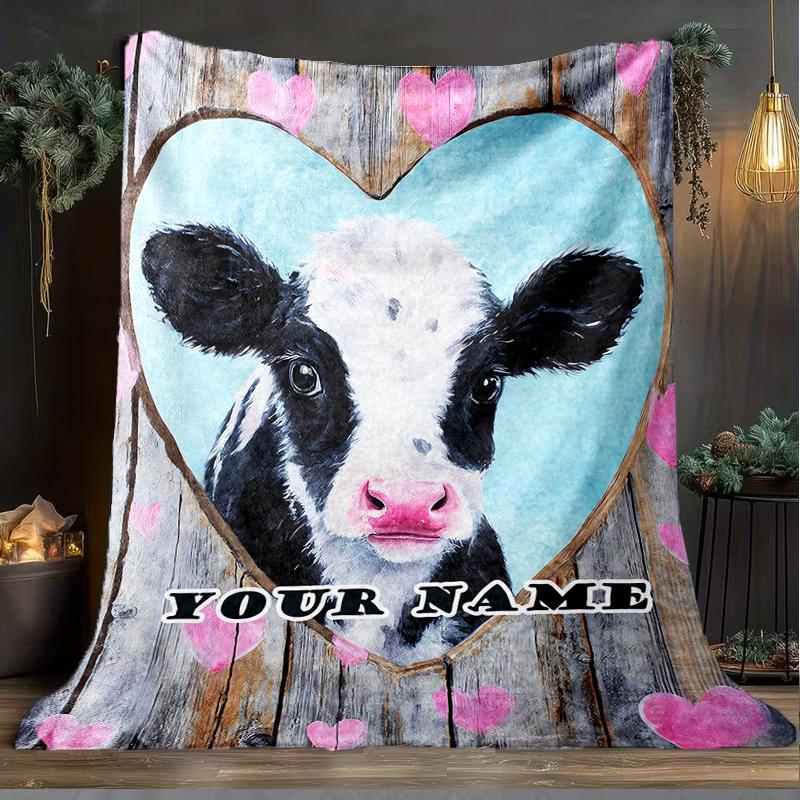 1PC Custom Name Love Cows Art Outdooor Flannel Blankets Patterns Throw Blanket All-Season Soft Gift for Couch, Bed, Camping Gifts