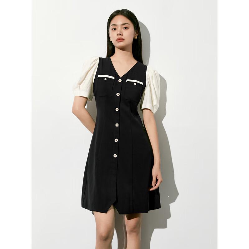 PEACEBIRD Women's French Style V-Neck Waist-Cinching Dress