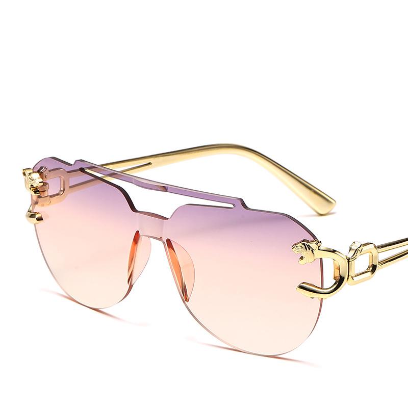 New Fashion Rimless Sunglasses For Men Double Bridge Style Leopard Aviator Frame Oval Female Sunglasses Glasses For Women Uv400