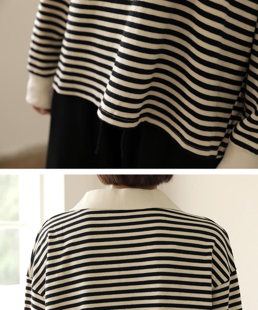 Ppaeppae Open Collar Color Block Striped Knit T-Shirt