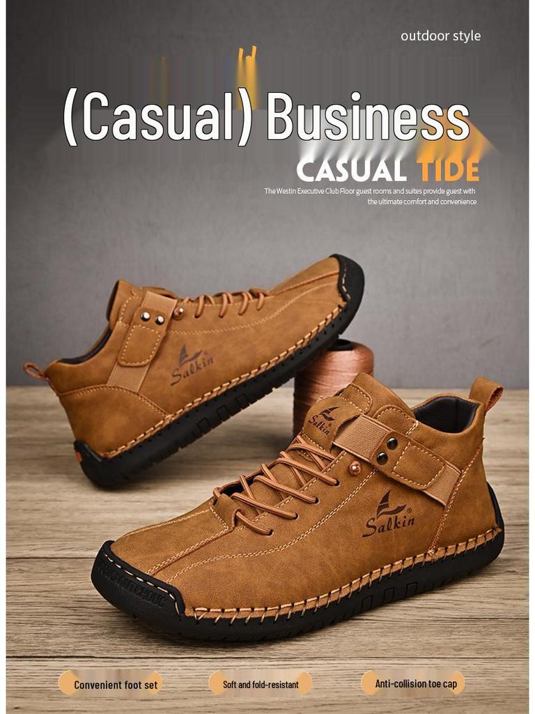 Pánské velké kožené nazouvací řidičské boty, ručně šité ležérní mokasíny s plochou podrážkou