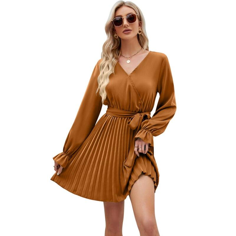 Solid Elegant Spring Dress Women Lace-up V-neck A Line Short Dress Summer 2026 Casual Pleated Long Sleeve Dresses Vestido 25154