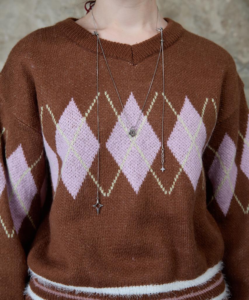 LARTIGENT L13 Argyle V-Neck Knit(Brown)