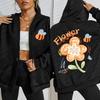 Luck Flower Little Bee Pattern Zipper Hoodies Women Fashion Soft Hoodie Autumn Oversize Sportswears Loose Casual Streetwear