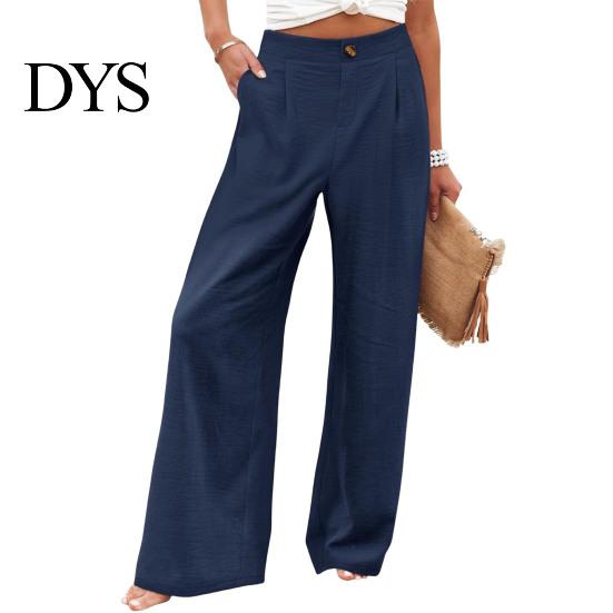 Comfortable Wide-leg Pants Women Trousers Button Zipper Fly High Waist Long Striped Print Straight Wide Leg S темно-синий