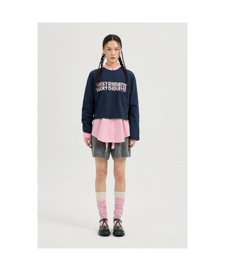 LUCKY CHOUETTE Printed Cropped Long-Sleeved T-Shirt (Dark Navy) Lftas25170Nyd