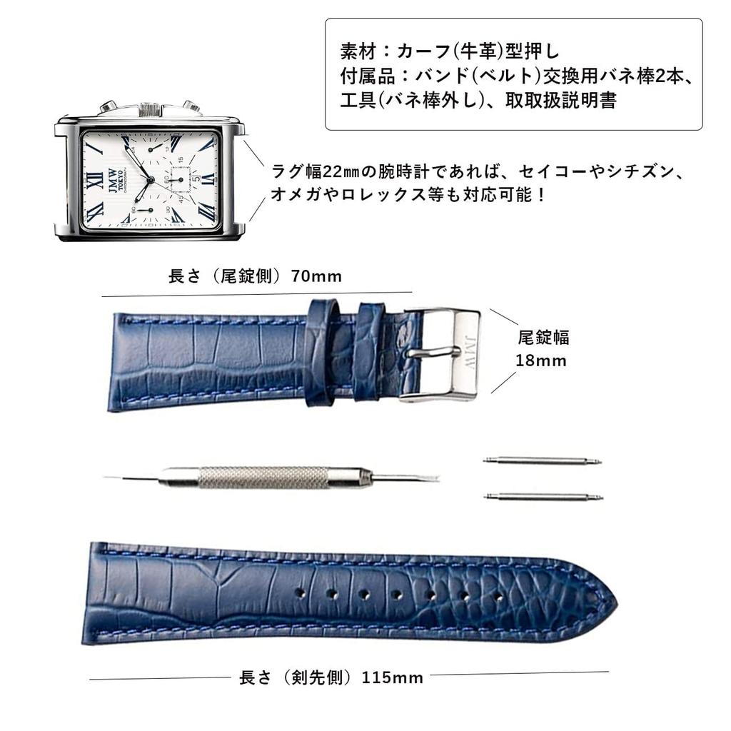 JMW TOKYO Square Watch 22mm Lug Genuine Leather Replacement Blue with Silver Includes Spring and A Great Day Men's Strap, Width, Strap, Buckle, Tools,