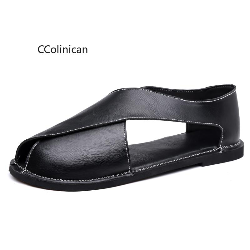 Genuine Leather Handmade Men Flat Bottom Casual Sandals Summer New Style Soft Bottom Anti-Slip Business Shoes Breathable
