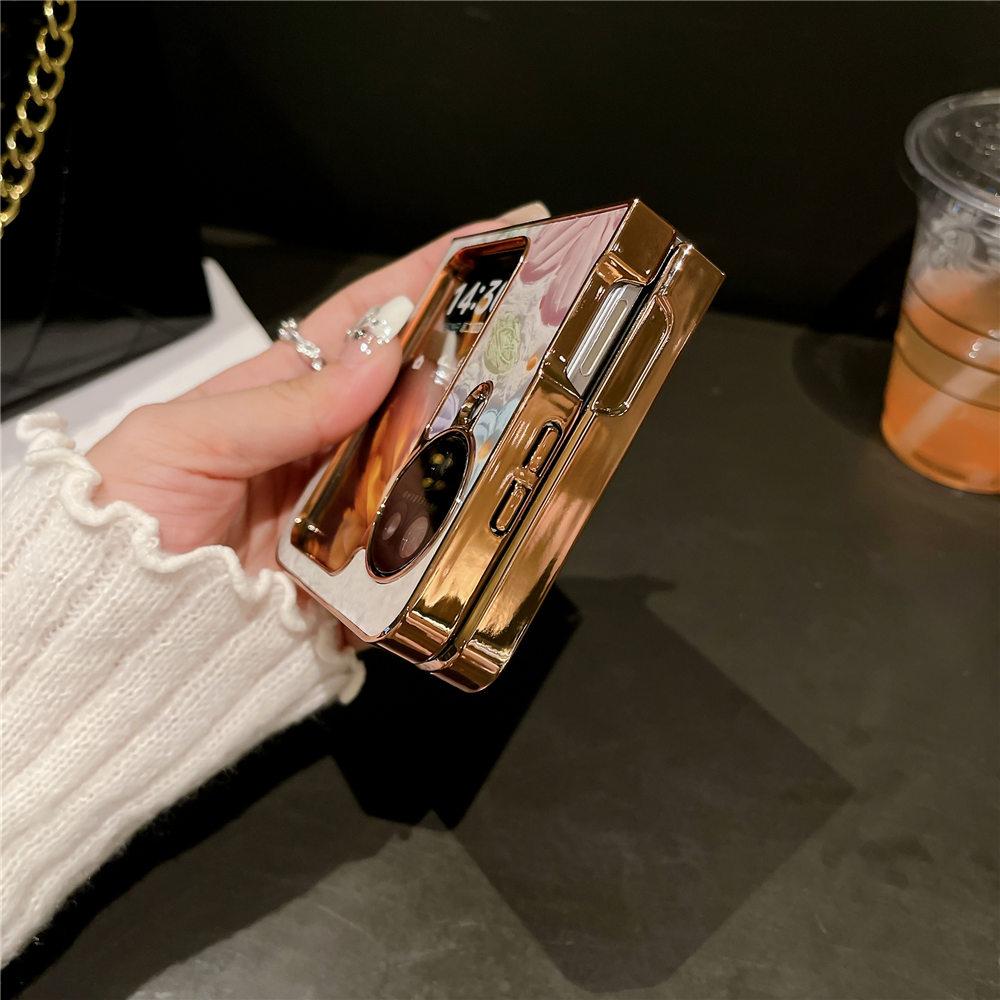 Luxury Gold Plating Painting Flower Case For OPPO Find N3 Flip Find N2 Flip Shockproof Hard Back Cover Fundas