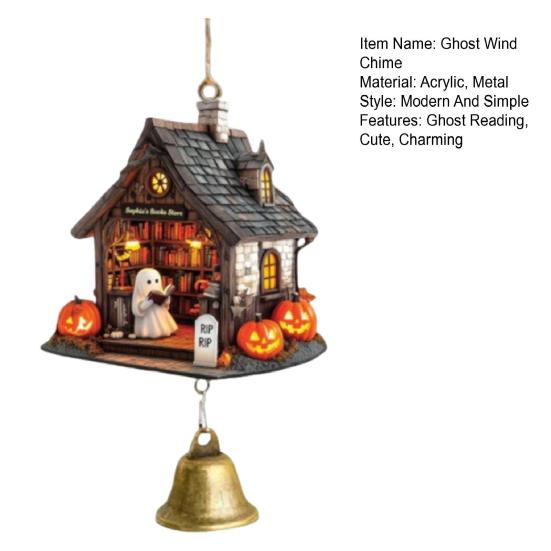 Ghost Reading Book Halloween Ornament 2D Flat Ghost In Reading Nook Hanging Decoration with Bell Window Hanging Wind Chime for Home Decor