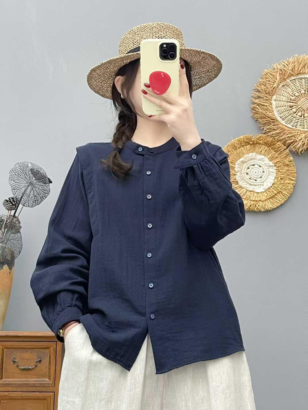 

Spring 2026 New Arrival: Women s Japanese-Style Side-Slit Long Sleeve Loose White Cotton Shirt L (Recommended for 62.5-75 kg) темно-синий