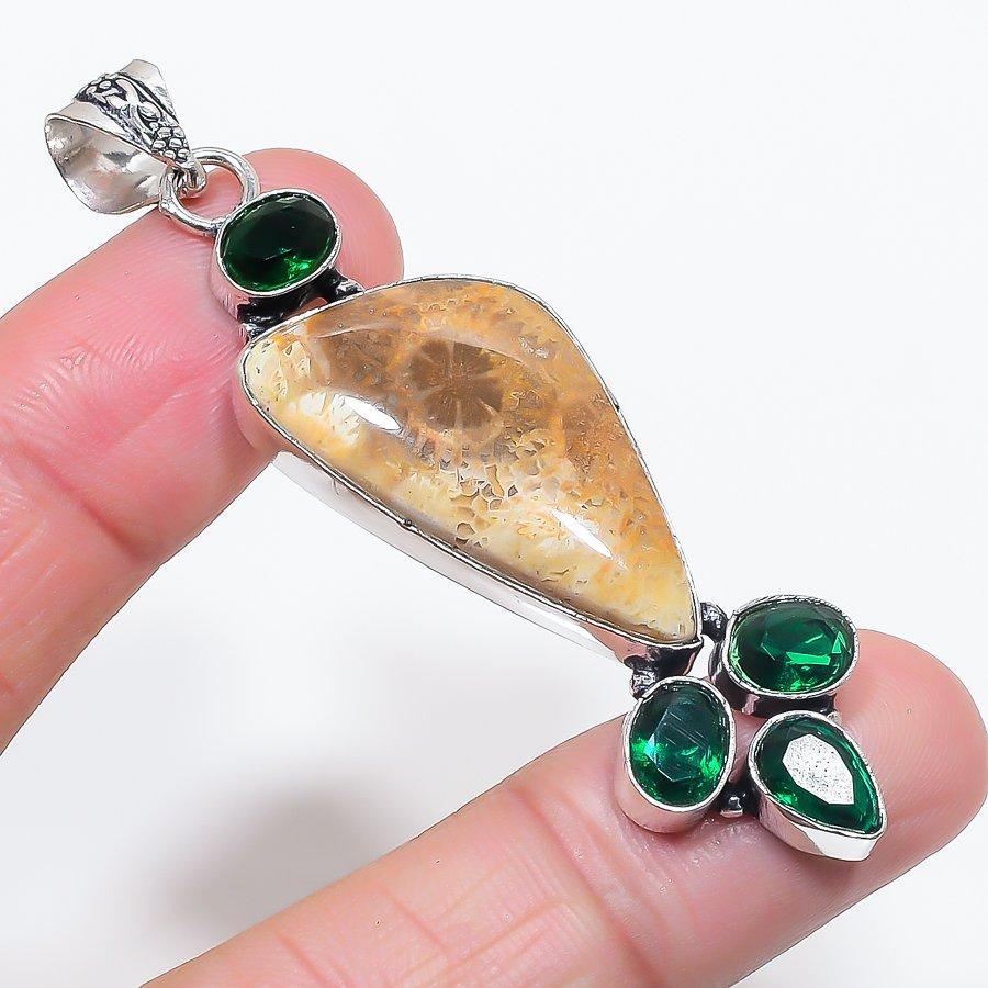 Natural Fossil Coral, Diopside 925 Sterling Silver Jewelry Pendant 2.80" W0U65