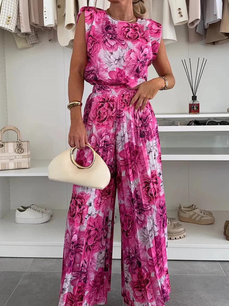 Women's Fashion Set Round Neck Sleeveless Top Wide Leg Pants Two Piece Casual Outfit