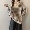 Women's Half-Zip Polo Collar Striped Sweatshirt - Autumn/Winter, Plus Velvet, Korean-Style, Versatile, Loose Fit, Retro Chic, Hong Kong Style.