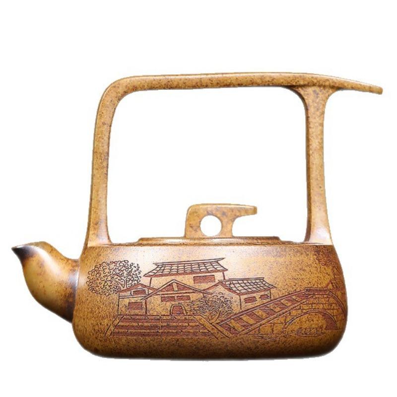 340ML Yixing purple clay teapot raw ore keel gold sand high-temperature wood burning handmade gold sand lifting beam teapot