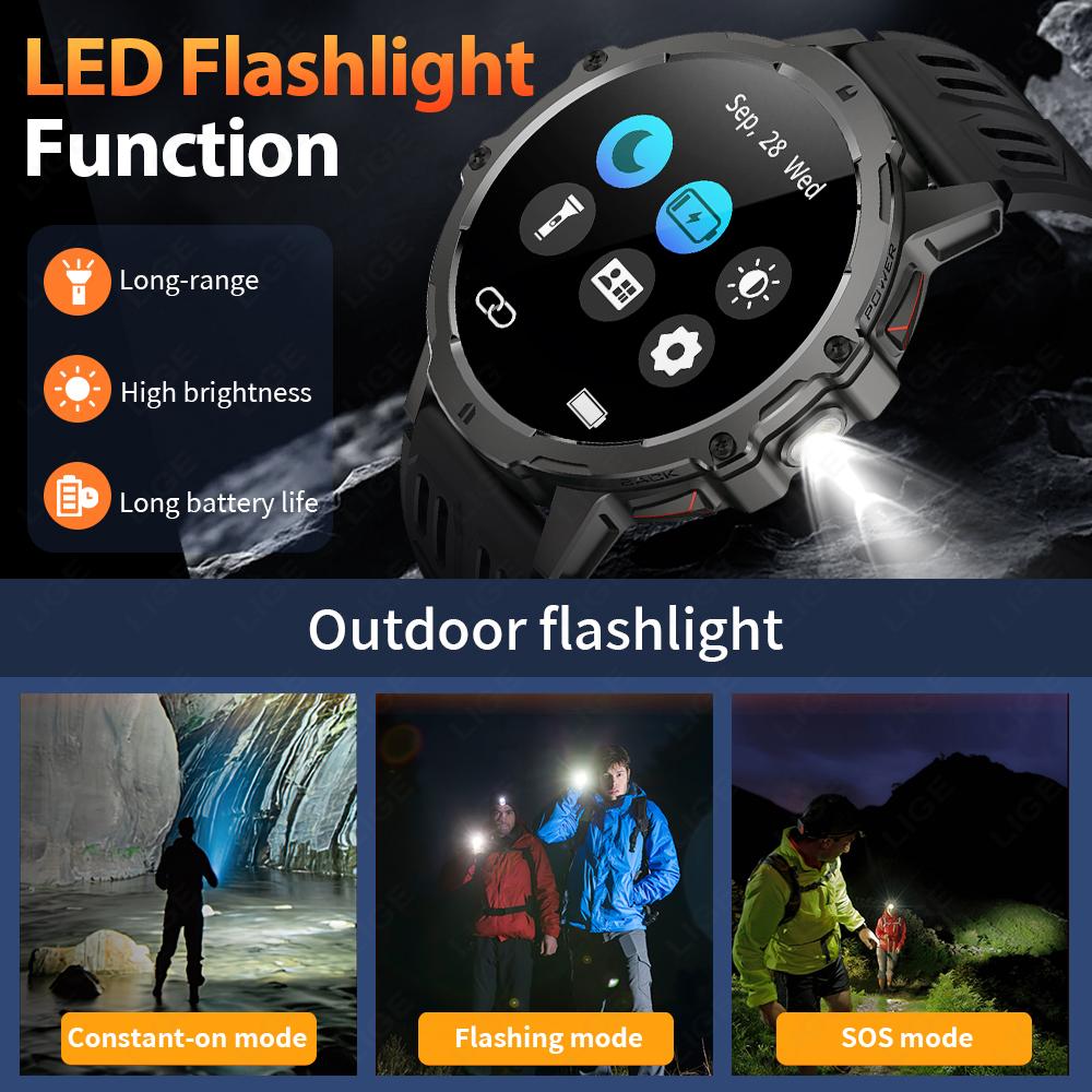 1000mAh Large Capacity Battery Smartwatch Men Outdoor Flashlight Bluetooth Call 3ATM Waterproof Sport Fitness Watches New
