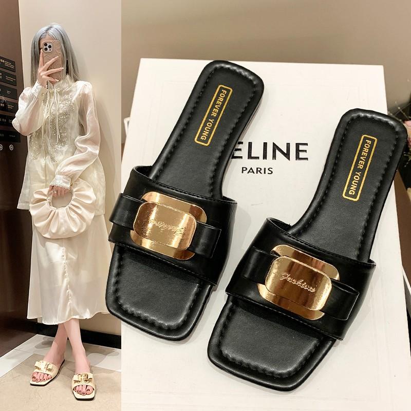 Large Size Metal Sheet Decorative Flat-Bottomed Slippers Women'S Square Head Open-Toed Versatile One-Word Niche Slippers