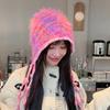 Autumn and winter color retro knitted lace-up women's warm mixed color feather yarn ear protection fringed wool hat