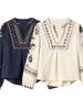European American V-Neck Long Sleeve Embroidered Slimming Shirt for Women