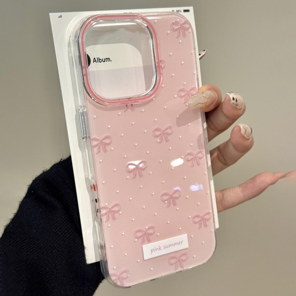 

Cute Wave Point Pink Bow Glossy Jelly Phone Case For iPhone 16 15 14 13 12 11 Pro Max Cases Creative Shockproof Bumper Cover For iPhone 17