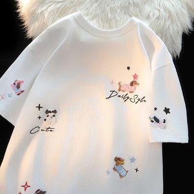 Camiseta de Algodón con Bordado de Cachorro Estilo Chic Americano de Manga Corta para Mujer – Verano Holgada Bonito Top