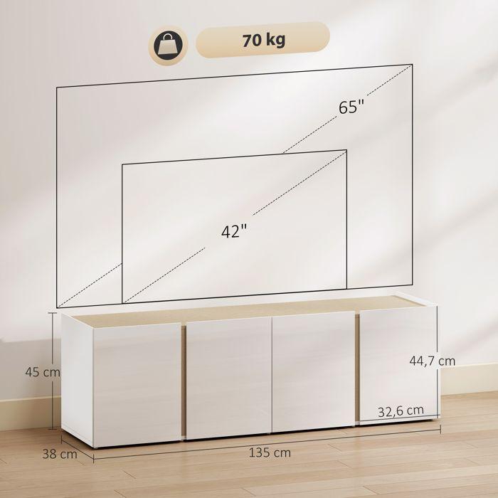 TV Stand - HOMCOM - 4 Soft-close Doors, Adjustable Shelf and Cable Management - Particleboard - White