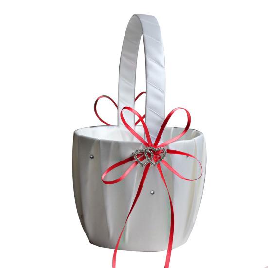 Double Heart Rhinestone Satin Ribbons Bowknot Wedding Flower Basket Home Decor