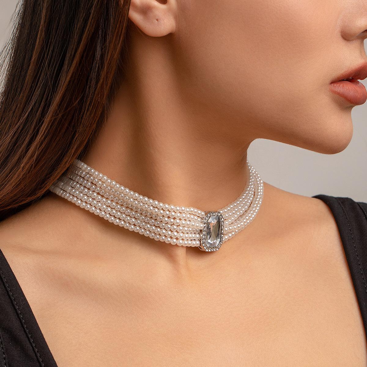 Французский Ретро Стиль Многослойное Жемчужное Ожерелье-Чокер, Элегантное Квадратное Каменное Ожерелье-Чокер.