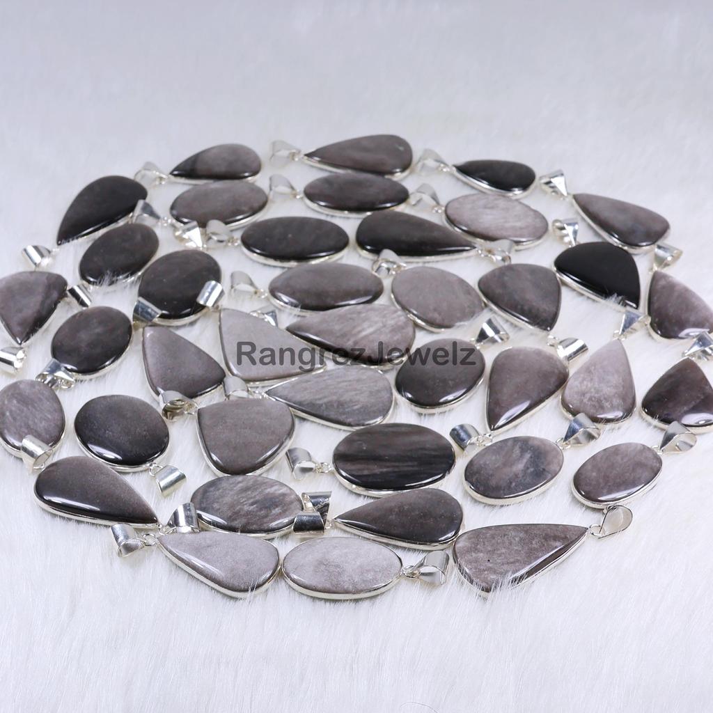 Natural Silver Sheen Obsidian Pendant Bulk Wholesale Bezel Pendant Necklace Making For Silver Jewelry Supply 925 Sterling Silver Pendant