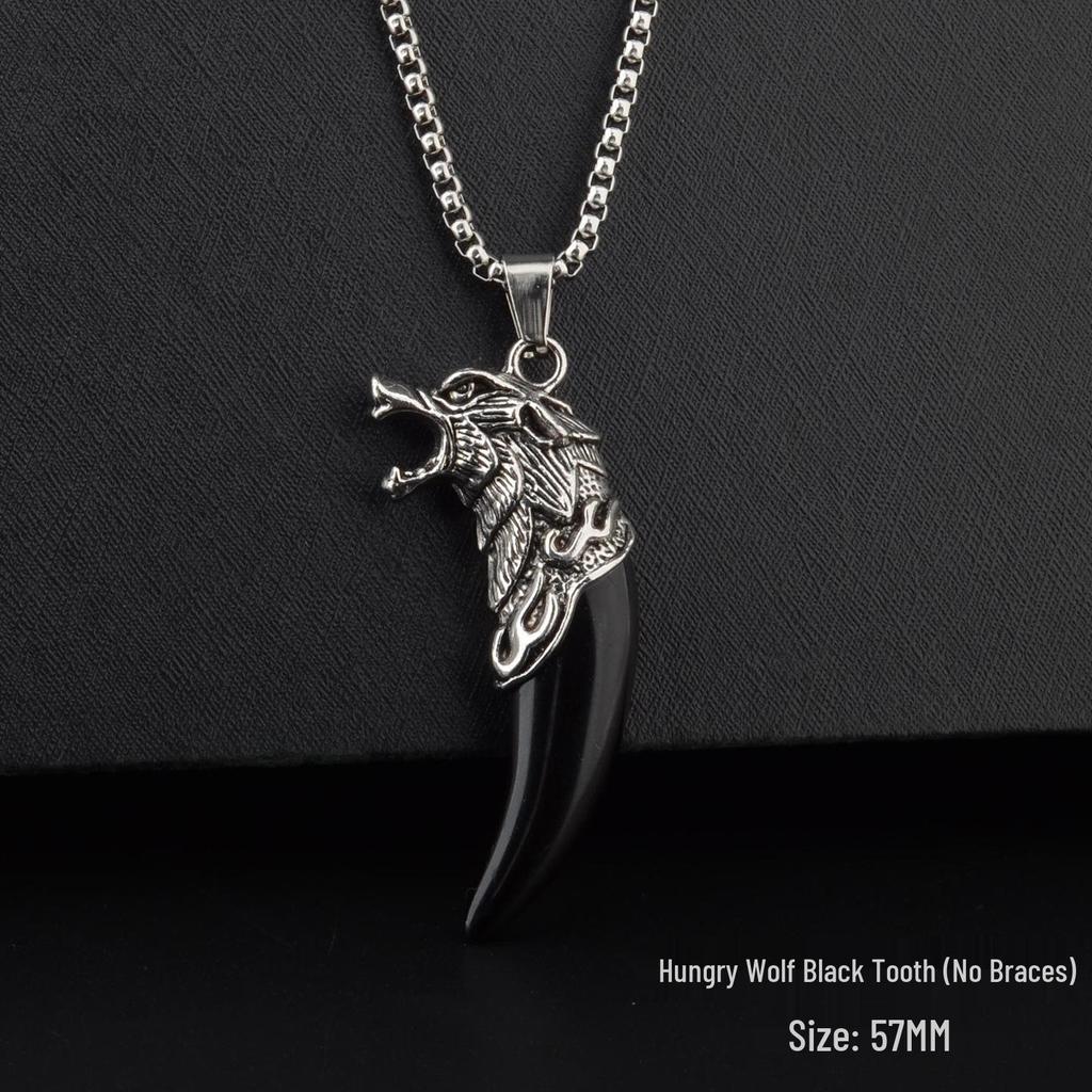Men's Tibetan Faux Wolf Tooth Pendant Necklace, Titanium Steel Chain, Nepalese Style