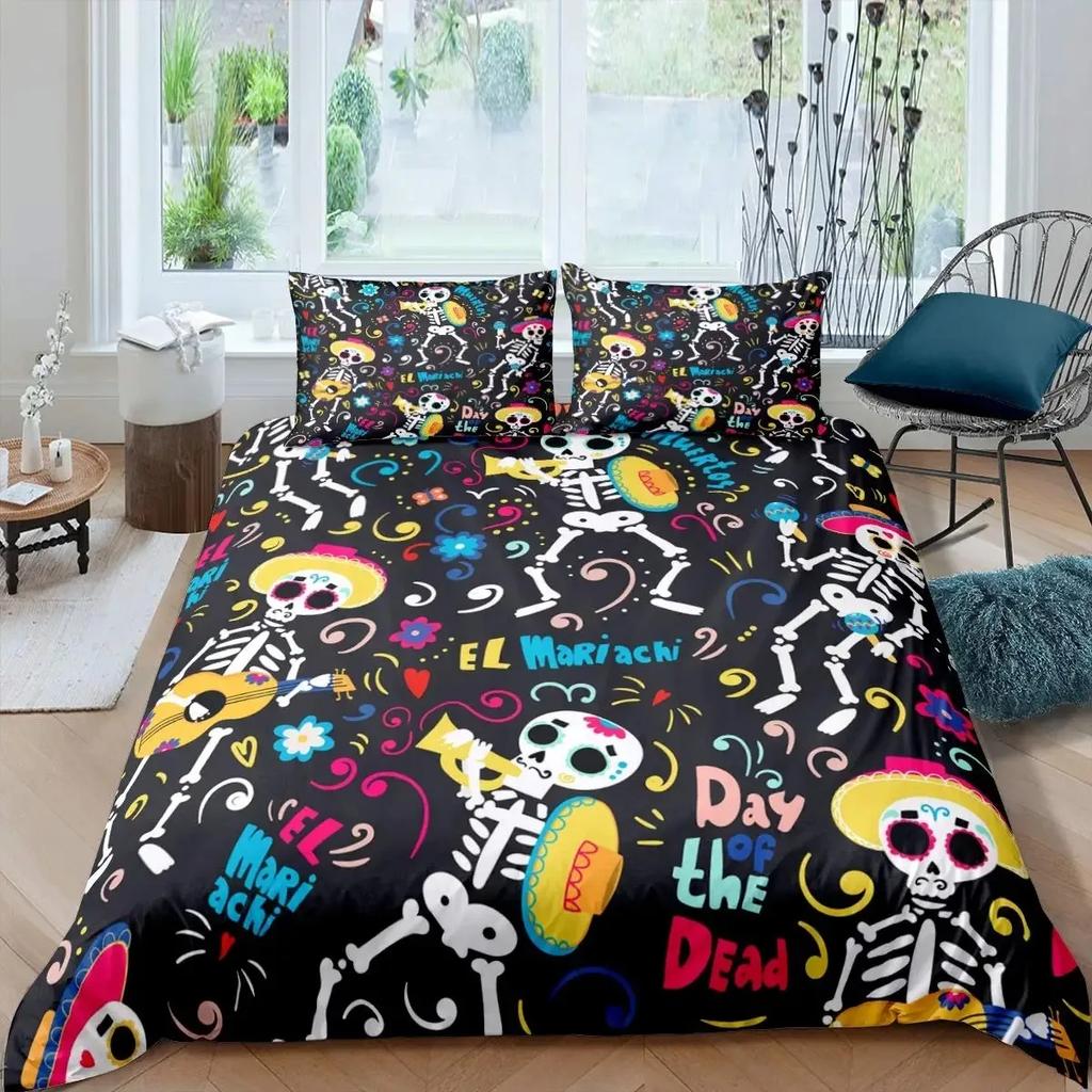 Katzenknochen-Bettwäscheset Full QueenHalloween Gothic Totenkopf Bettwäscheset SchwarzWeiß Galaxie Bettdeckenbezug Steppdeckenbezug