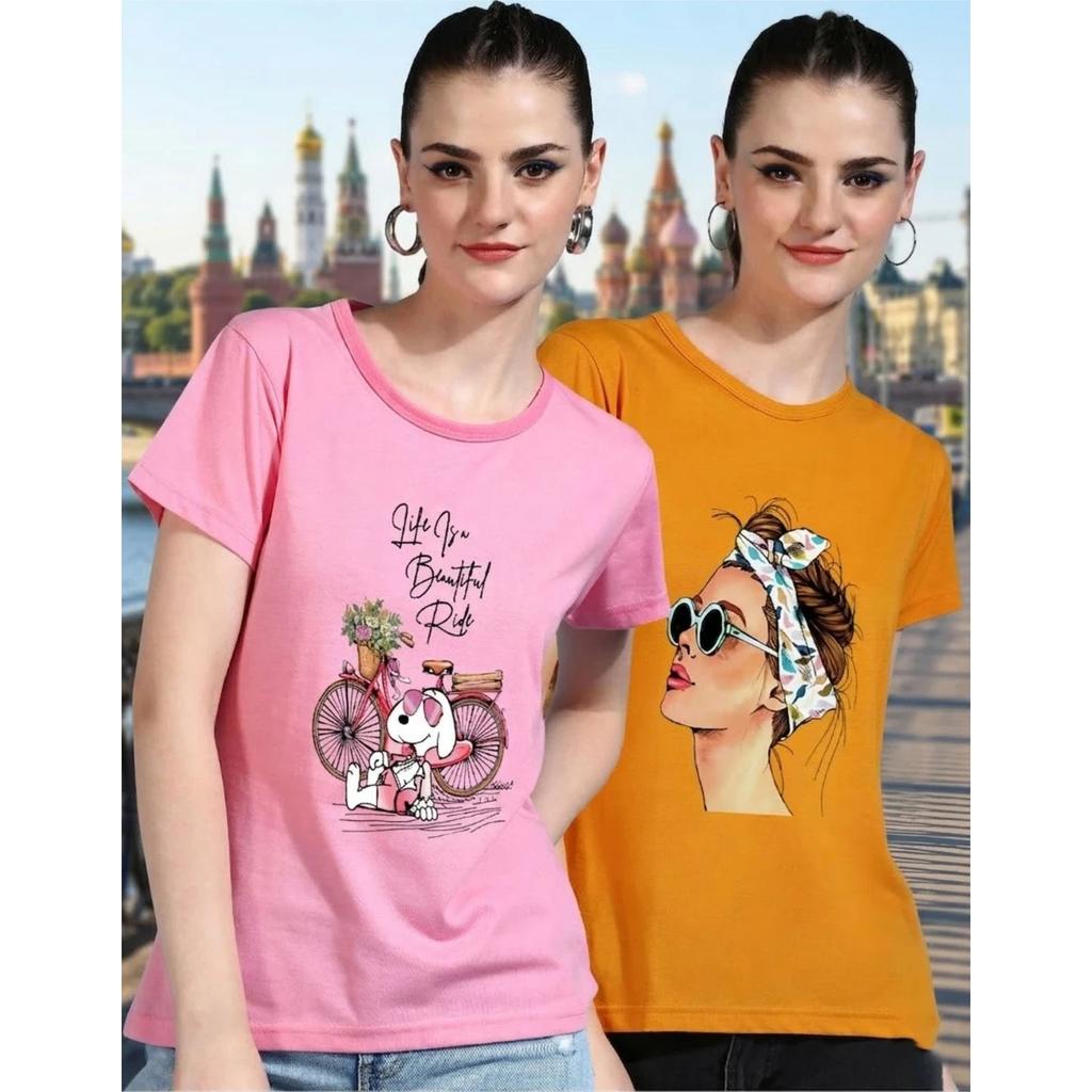 Indian Cotton Blend Women T-Shirt Short Sleeve Casual Round Neck Top Pack Of 2