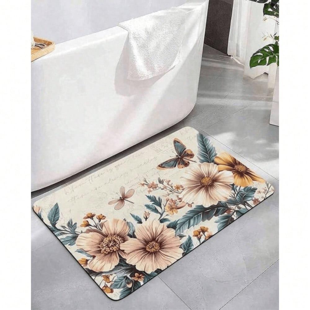 Vintage Dragonfly Butterfly Watercolor Flowers Diatomaceous Earth Bath Mat, Quick Dry Non-Slip Diatomite Bathroom Rug