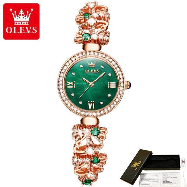 

Жіночий годинник OLEVS з модним кварцовим браслетом, інкрустованим діамантами зелений/золотий