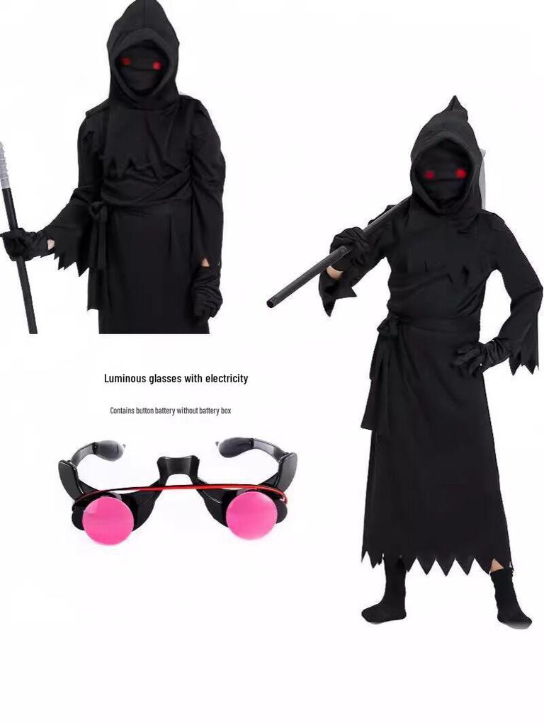 Kids' Halloween Cosplay Costumes: Grim Reaper with Luminous Glasses, Ideal for Stage Performances.