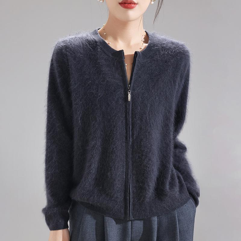 

Женский кардиган из 100% шерсти, вязаный, с начесом - Круглый вырез, Застежка-молния, Однотонный, Свободный длинный рукав, Кашемировый свитер One Size (90-150 Jin)